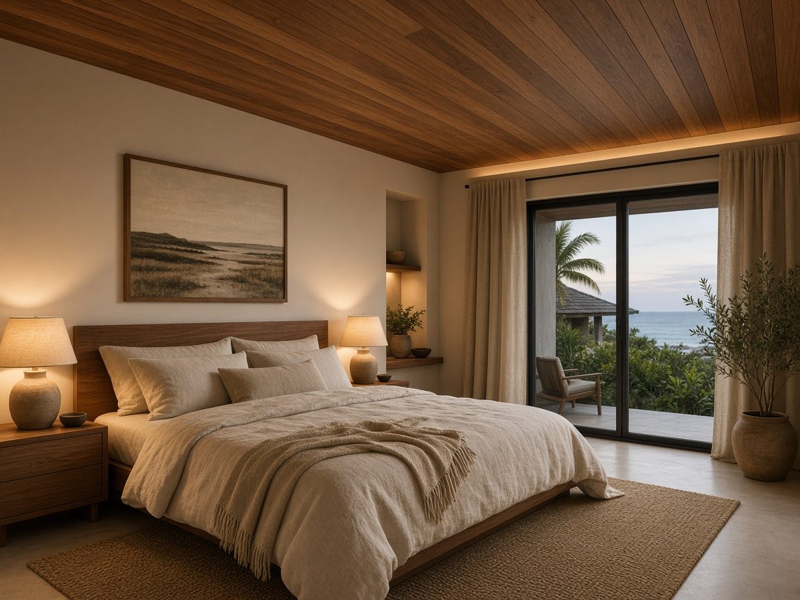 Design rendering: idea walnut tongue groove bedroom ceiling rendering concept